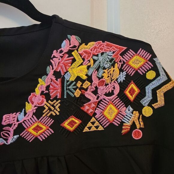Boho Embroidered Black Peasant Blouse - Picture 6 of 9